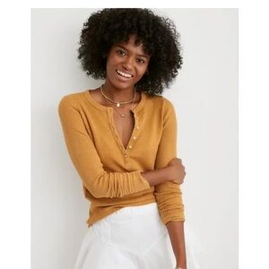 Aerie Wow! Waffle Long Sleeve Henley T-Shirt, Honey, Size S